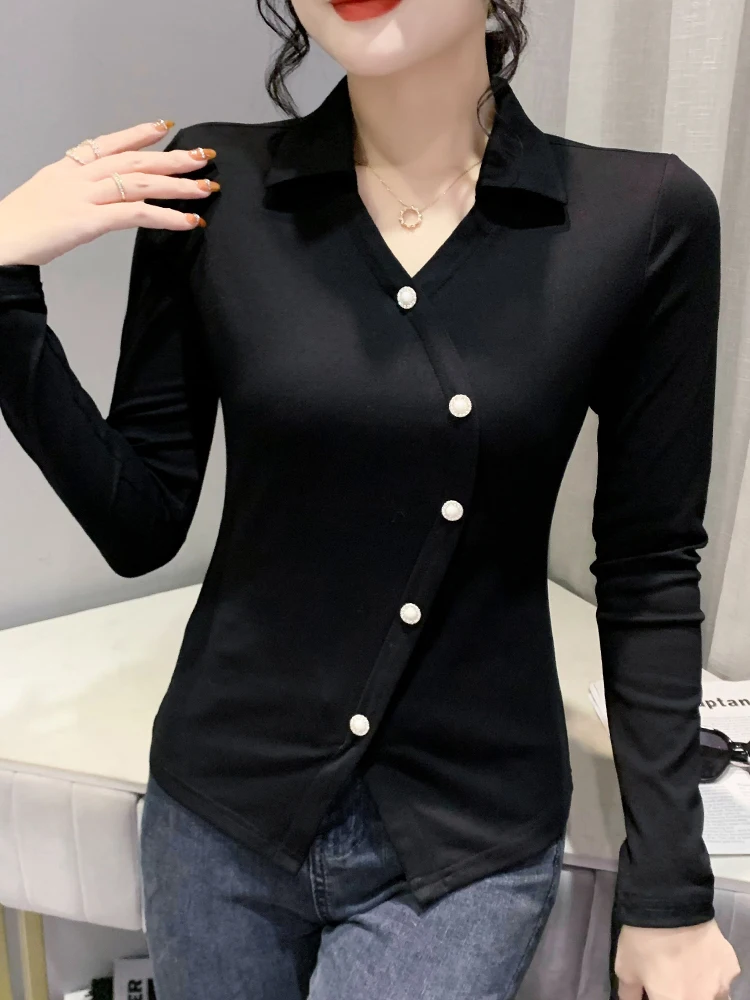 Faionable colarinho base irt feminino primavera outono longo sve assimétrico design camiseta coreano sle commute vento