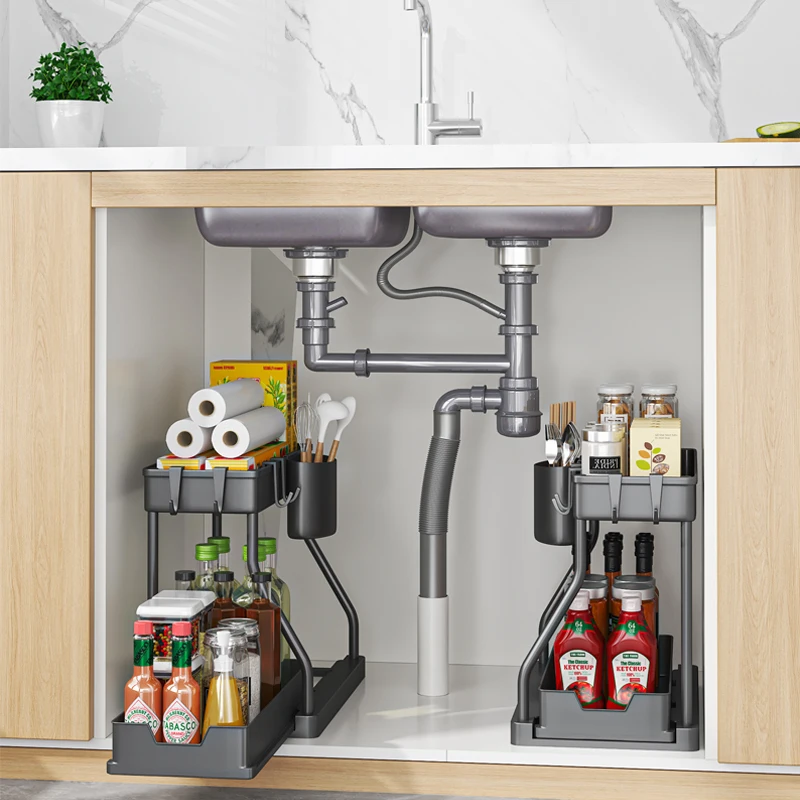 

Space Saving 2 Tier Pull Out Storage Box Under Sink Organizer Kitchen Rack Double Sliding Kitchen Room Bathroom Shelf Divide