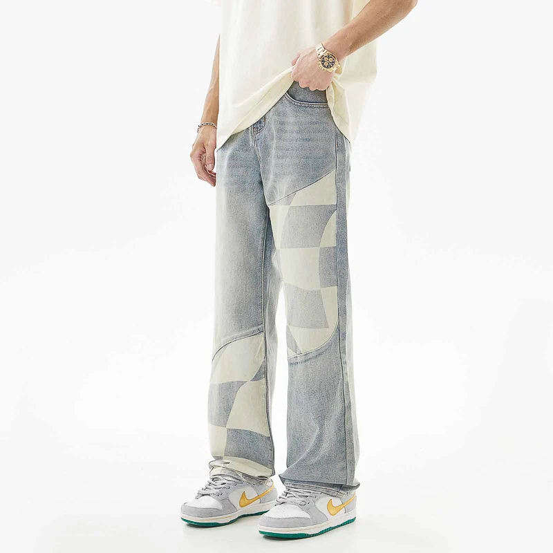 Stitching Jeans Men's American Street Fashion Hip Hop Style Loose Straight Youth Korean Fashion Handsome Trousers