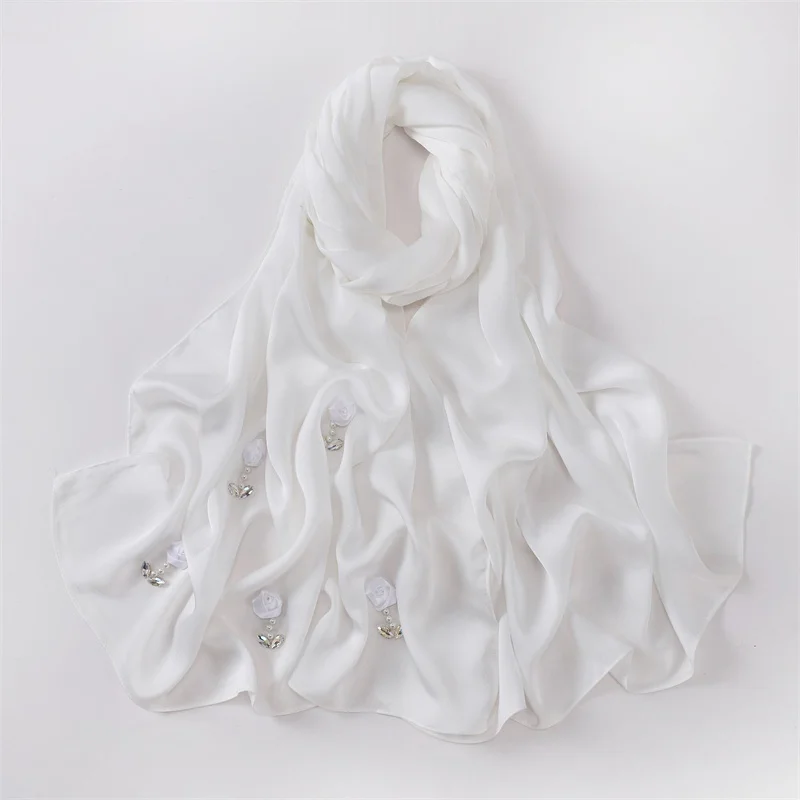 Plain Stitch Rose Floral Necklace Bubble Chiffon Hijab Shawl Lady High Quality Wrap Beach Bufandas Ramadan Islamic Muslim Sjaal