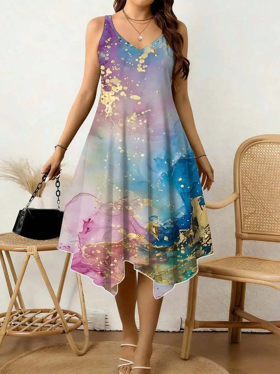 

Watercolor Abstract Print Women V Neck Sleeveless Dress Irregular Hem Breathable Summer Casual Dress