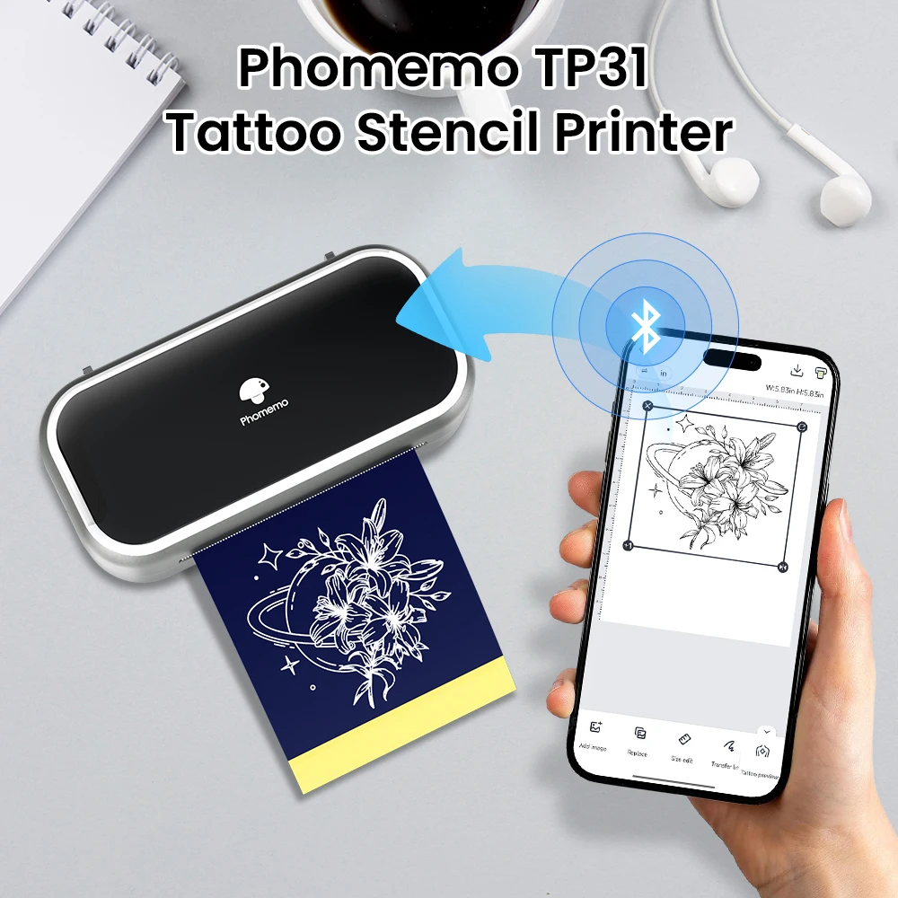 Phomemo TP31 Wireless Tattoo Stencil Printer with 30pcs Transfer Paper, Compatible with Phone & Tablet for Artists & Beginners