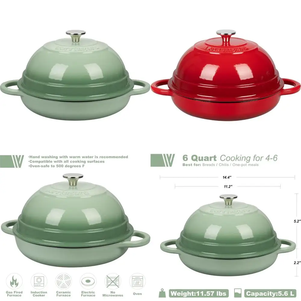 

Эмалированная чугунная голландская духовка с крышкой для выпечки хлеба, 6 литров, зеленая, идеально подходит для хлебопечных печей и выпечки