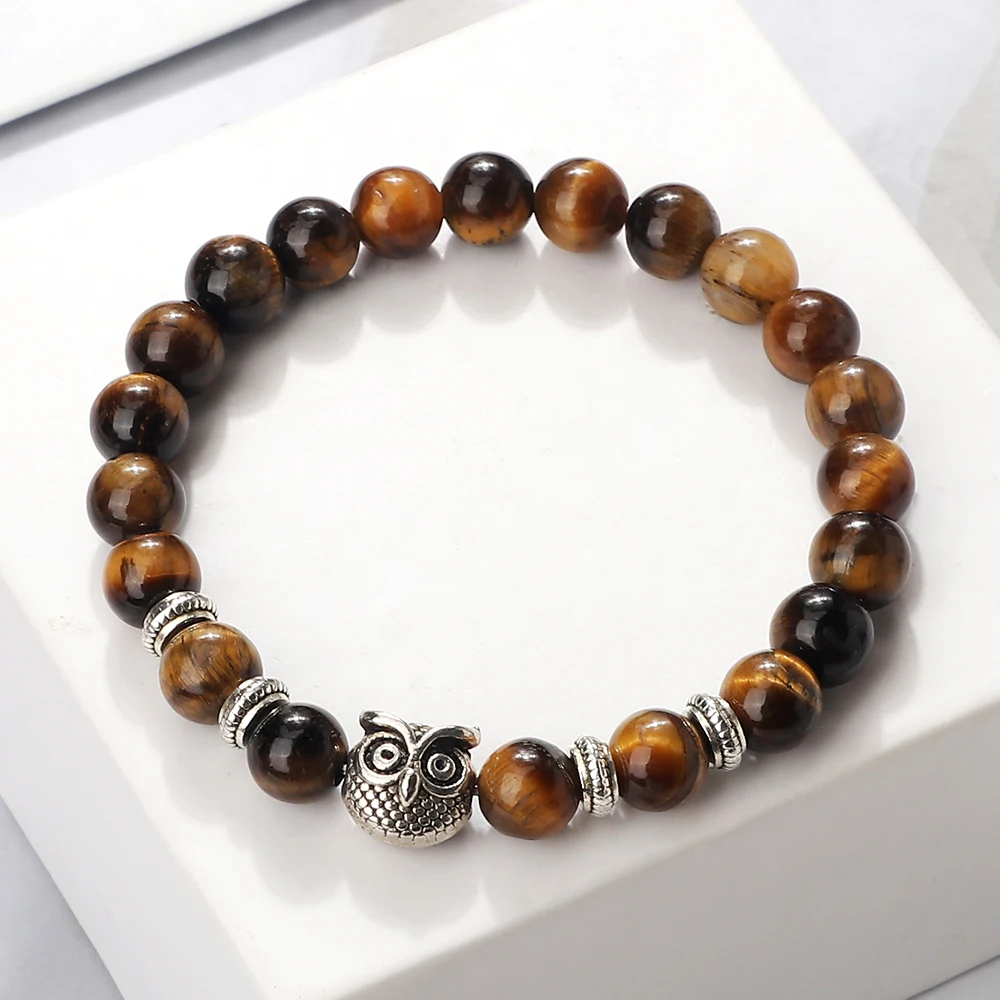 Multi-colour 8mm Beaded Bracelet Natural Stone Tiger Eye Volcanic Rock Woven Bracelets&Bangle Openwork Owl Charm Elastic Jewelry