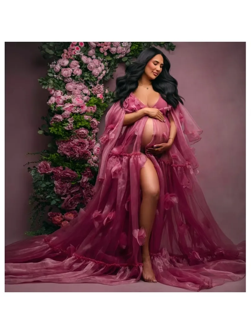 Transparent Floral Prom Dresses Plus Size Front Split Maternity Photoshoot Dress Customized Long Pregnant Women Evening Gown