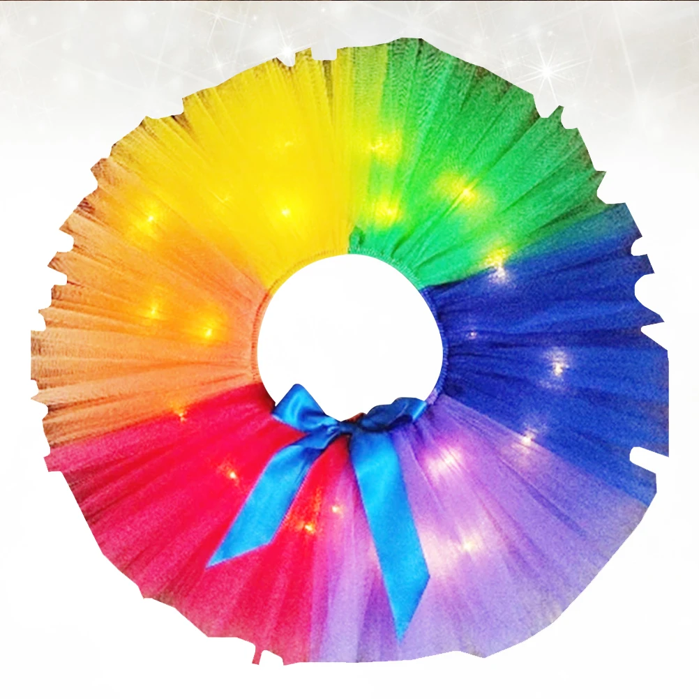Kids Glowing Rainbow Skirt Party Gauze Skirt Beautiful Tutu Skirt Party Costume (Short Style, with 2 Light, Size , 100-110)