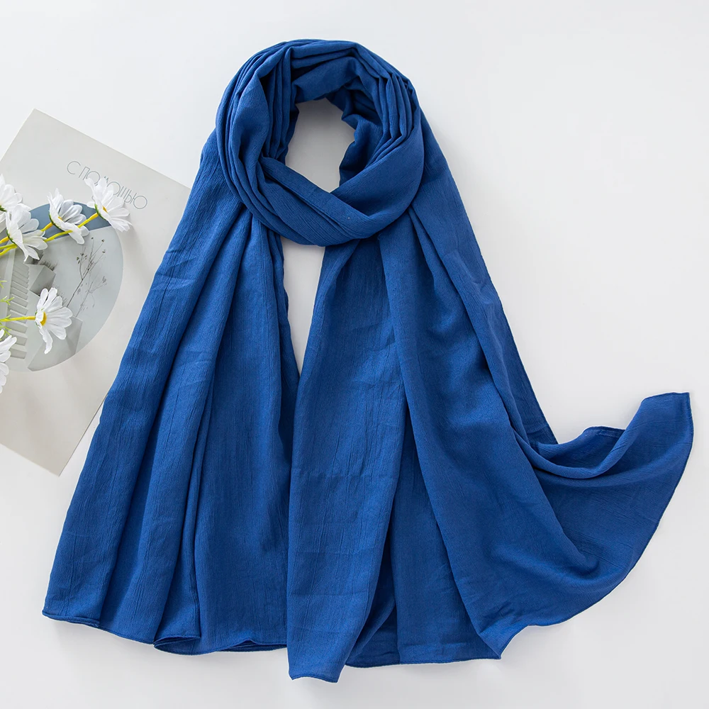 Fancy Fine Pleated Rayon Cotton Scarves Micro Crinkle Soft Cotton Long Shawl Factory Hemming Cheap Price Hijab view 2
