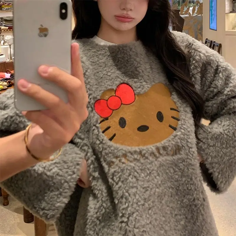 Hello Kittys Kawaii Sweater Woman New Fashion Autumn Printing Anime Cartoon Y2K Girls Plush Thicken Pullovers Long Sleeve Tops