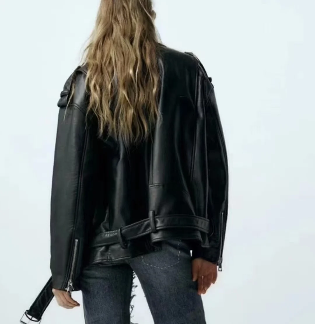 레트로 루즈핏 가죽 재킷 여성 캐주얼 슬레 지퍼 클로저 롱 코트 가을 신상품 PU 소재