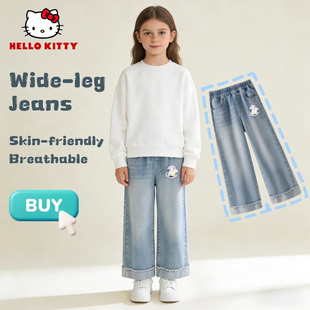 

Детские удобные дышащие свободные джинсы Hello Kitty, модные брюки с милым узором для девочек, весенне-осенние мягкие классические широкие джинсы