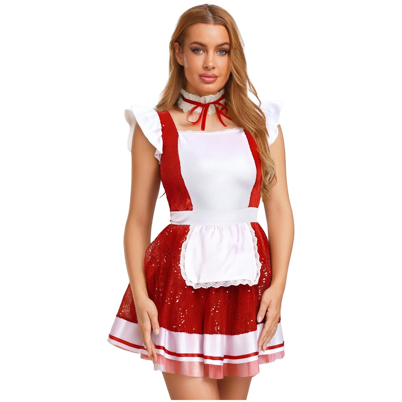 

Womens Halloween Lolita Maid Cosplay Dress And Choker Costume Ruffled Lace Trim Apron Glittery Sequin Tulle Underskirt Dress