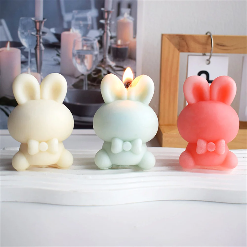 Lovely 3D Bowknot Bunny Shape Candle Soap Slicone Mold DIY Cute Easter Faceless Rabbit Ornament Craft Wax Mould Home Decor Gifts