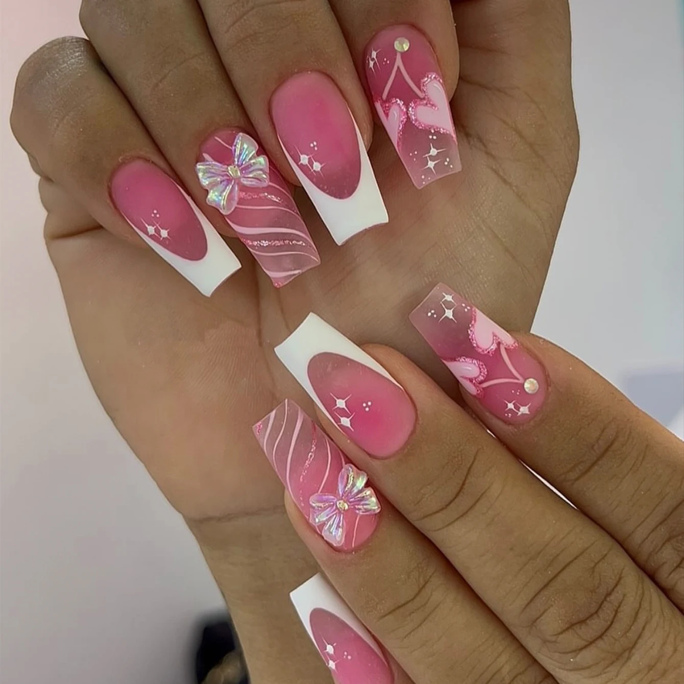 10PCS Long Ballet Matte French White Border Pink Nail Acrylic Nail Pink Sparkling Heart-Shaped Cherry And 3d Butterfly Bow Desig