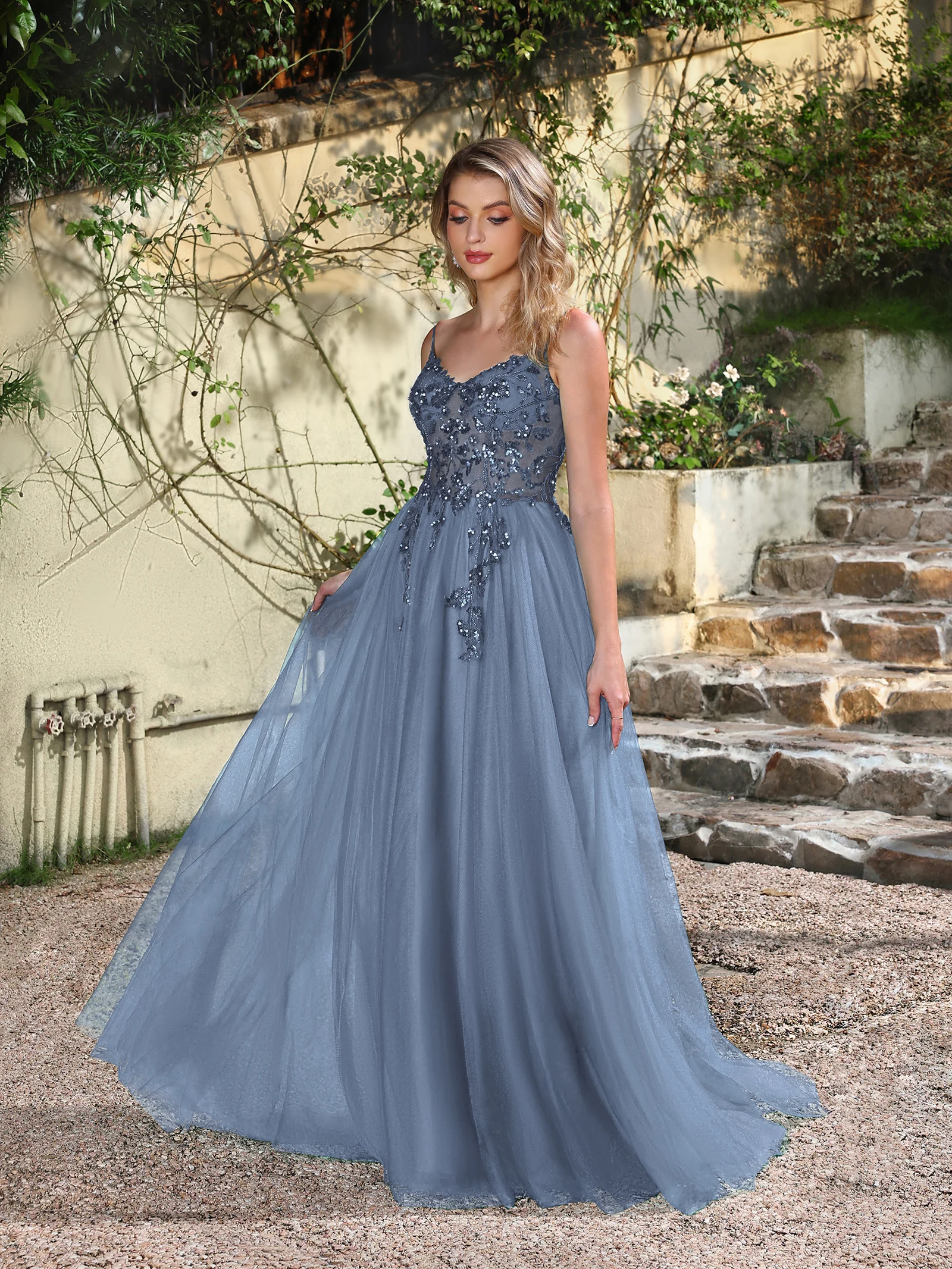 MisShow Sexy Jarreteljurk Spaghettibandjes Illusie Appliqué V-hals Ruglooze Avondjurk Tule A-lijn Maxi Trein Splitjurk