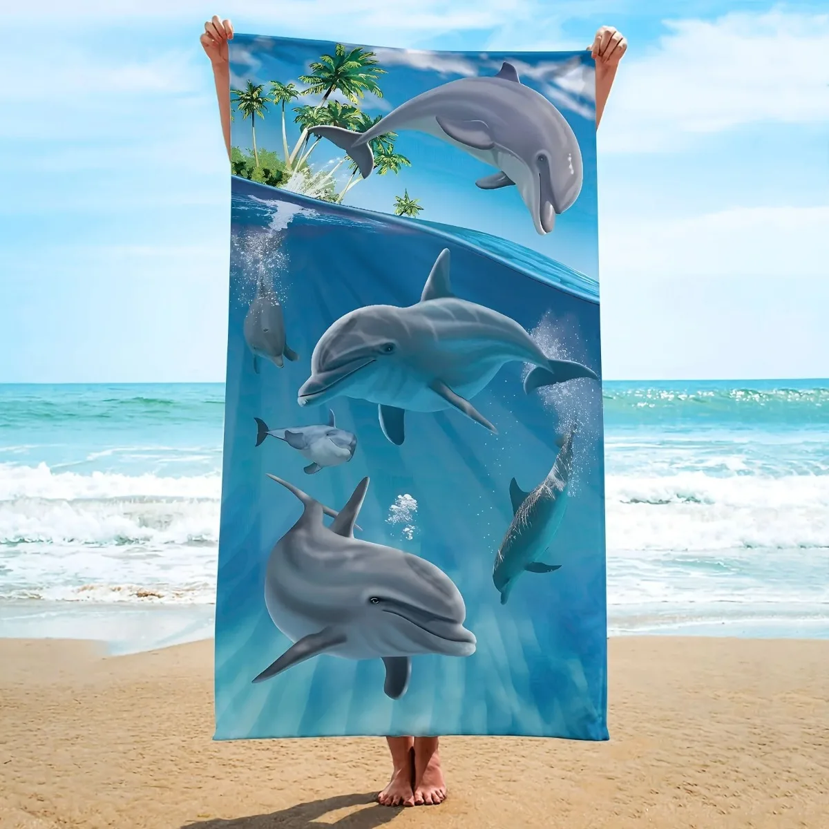 Dolphin Print Microfiber Beach Towel, Soft Absorbent Pool Towel, Sand-proof Swimming Towel, Beach Essentials, Travel Supplies