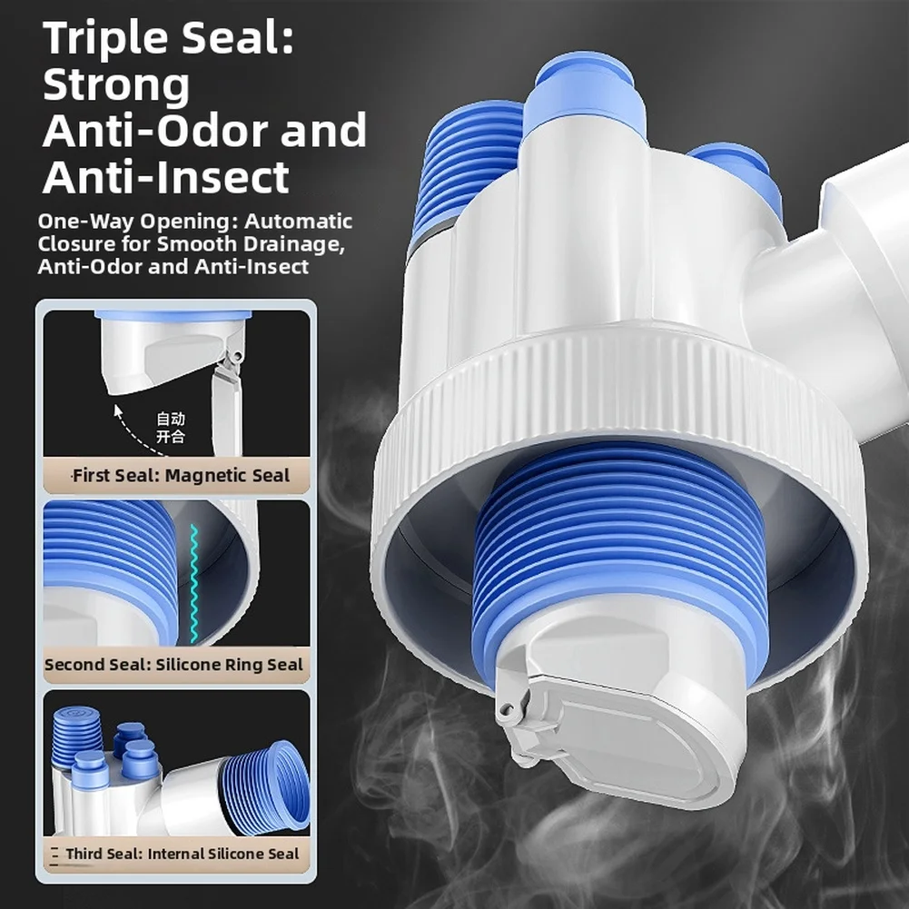 3 Way Sink Drain Pipe Adapter for Kitchen with Triple Seal Leak Proof System Magnetic Closure ABS Silicone Build