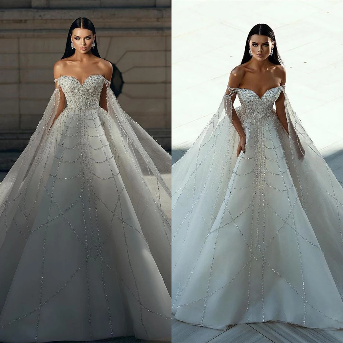 

Gorgeous Women Wedding Dress A-Line Sweetheart Sequins Off-Shoulder Bridal Gown Slim Fit Skirt Sweep Train Organza Dress