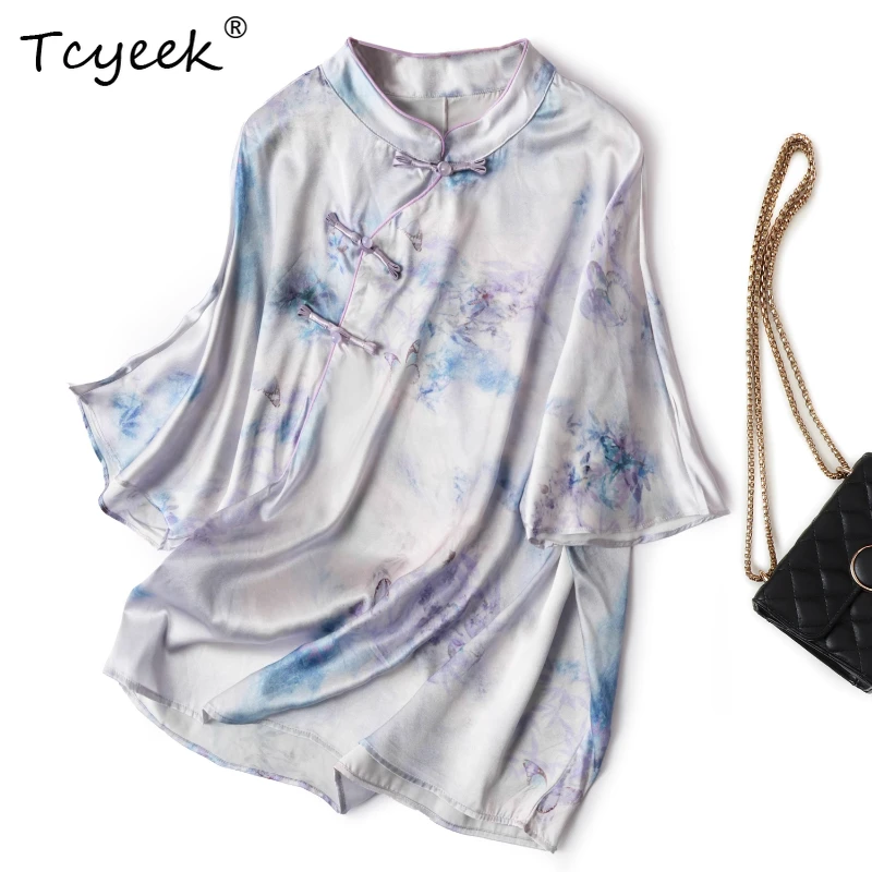 

Tcyeek 93% Mulberry Silk 7% Spandex Summer Thin New Chinese Style Purple Short Sleeved Stand Collar Women T-shirts Топ Женский