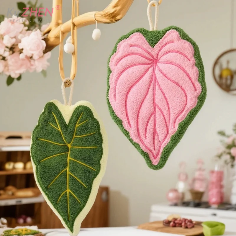

Hot Plant Leaves Hot Plant Cartoon Hand Towel Double-Layer Absorbent Thickened Quick Drying With Hanging Design Bathroom Kitchen