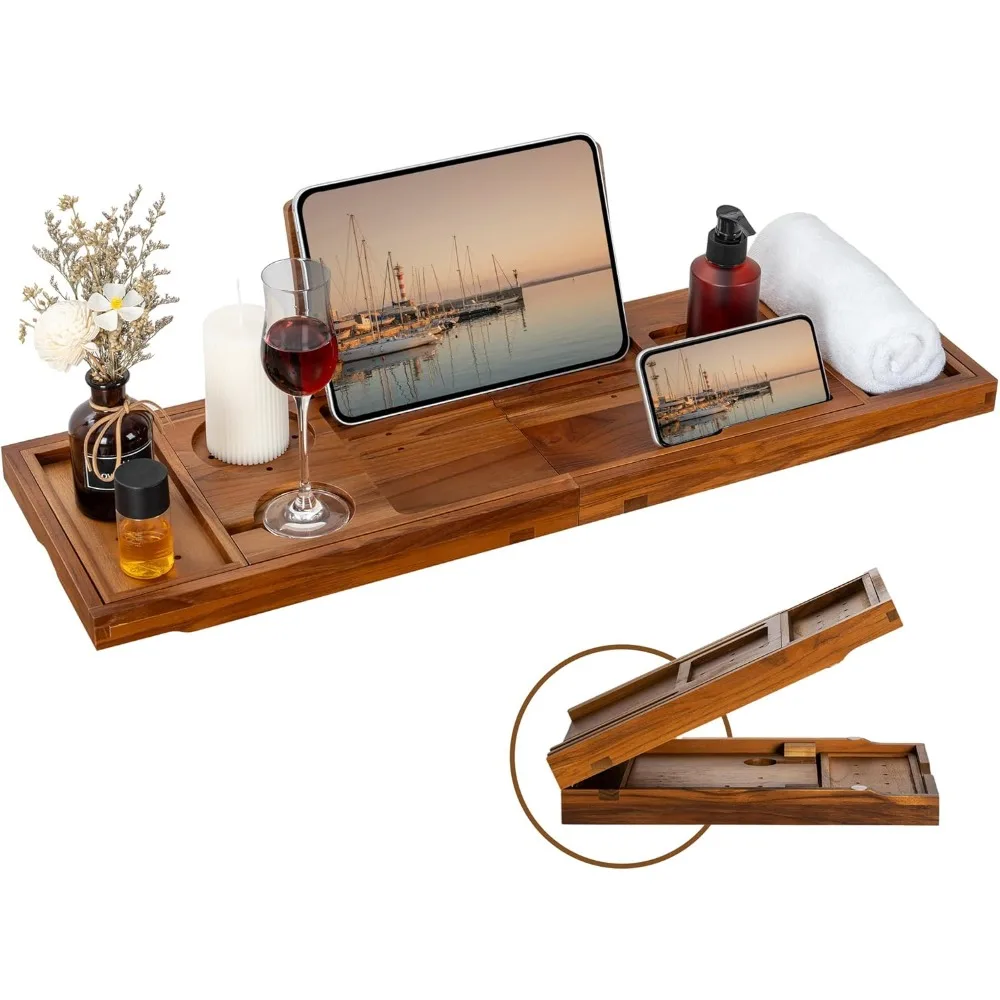 

Luxury Teak Bathtub Tray with Expandable Handles Wine Glass Holder Phone Stand Book Rest Light Walnut Bath Caddy for