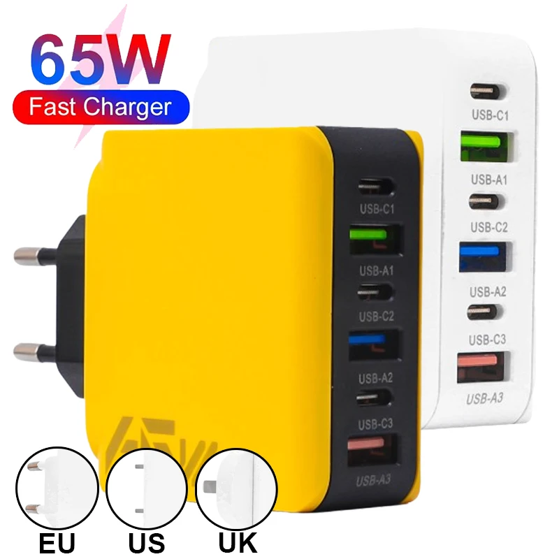 Multi-ports 65W USB Type C Fast Charging Charger USB-C Mobile Phone Wall Plug Adapter For iPhone Samsung Mi Huawei Quick Charger