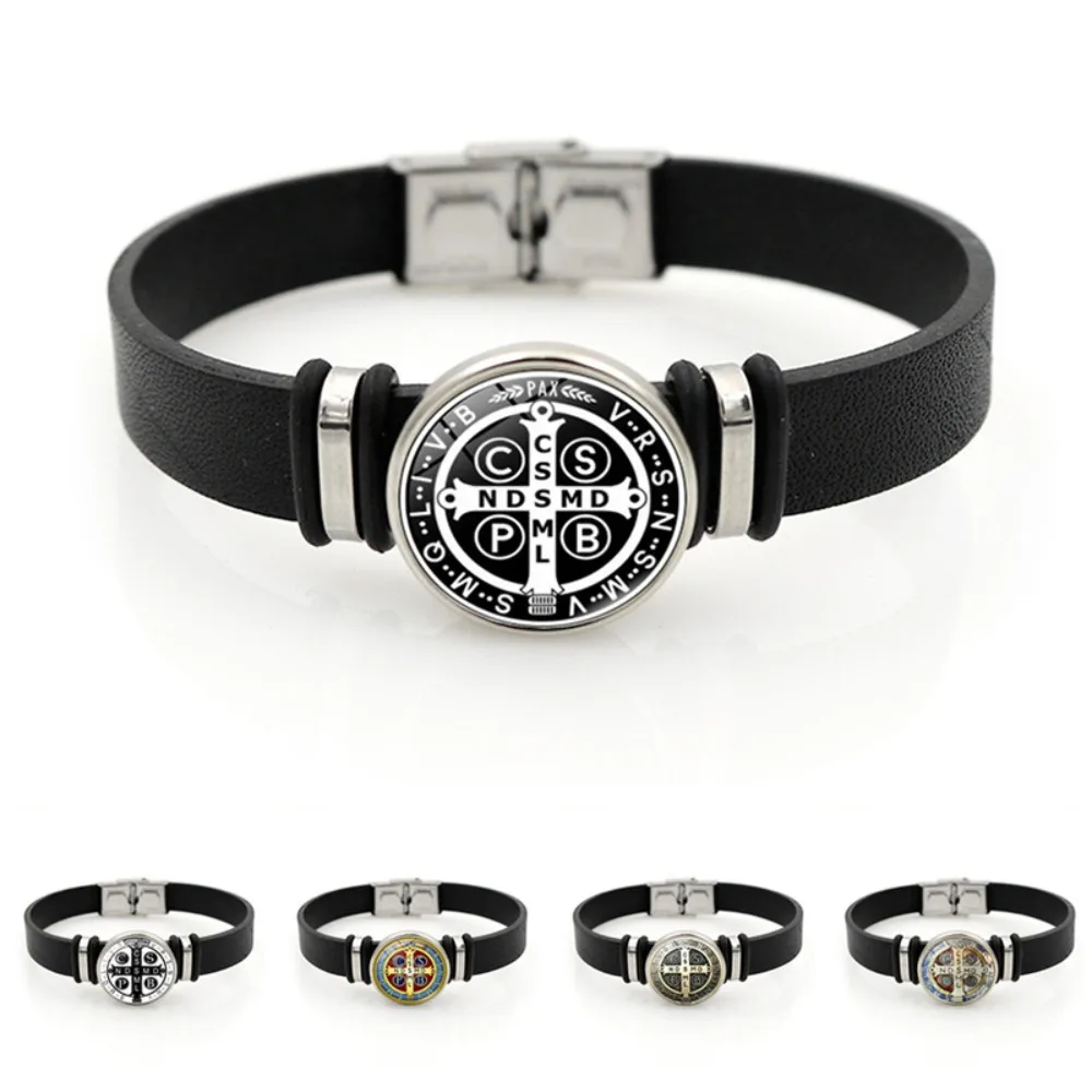 

Religious Catholic Saints' Benedict Medal Snap Bracelets for Men Women Guardian Angel Metal Charm Black Leather Fashion Bangle