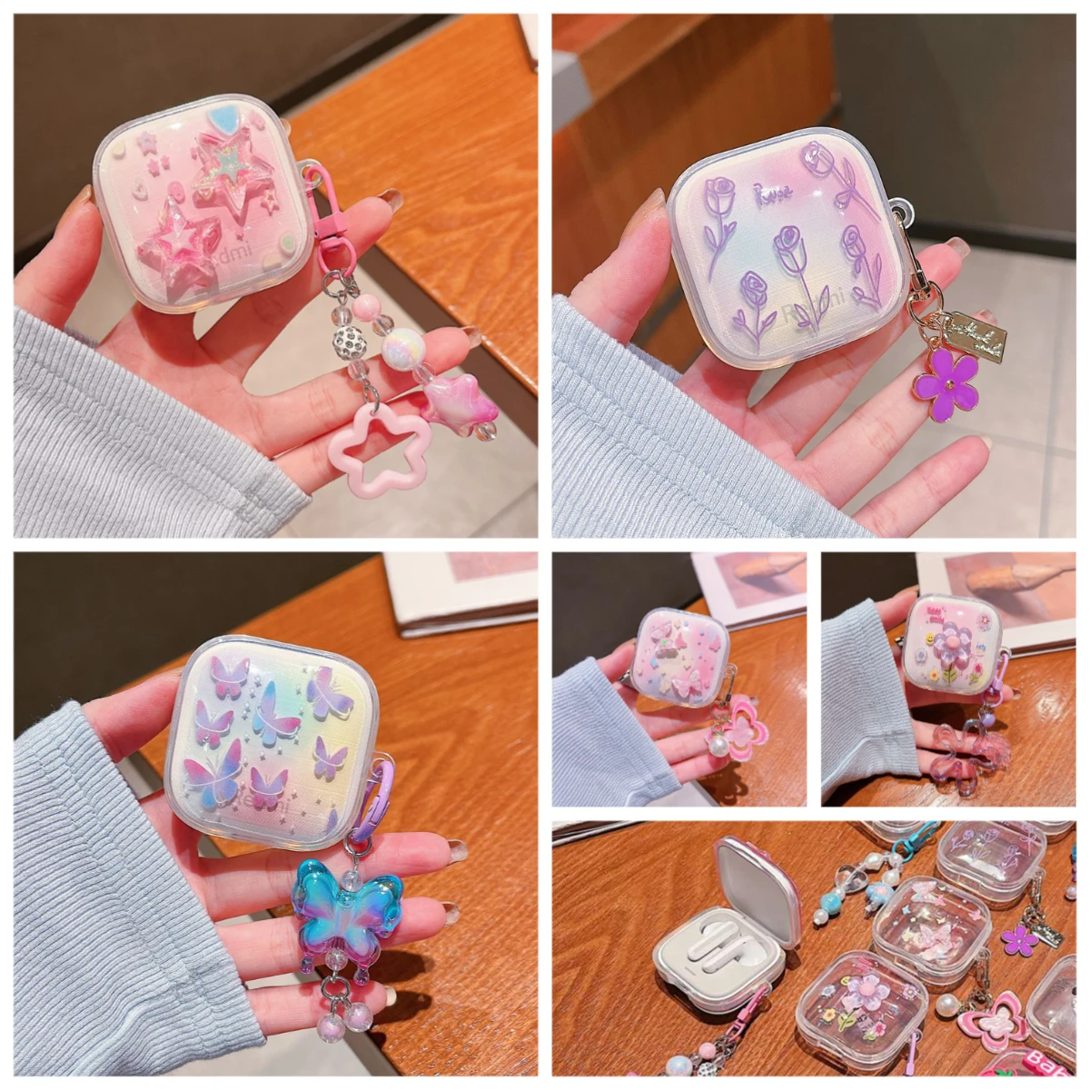 For Redmi Buds 5 / Buds 6s Cute Cartoon / Flower Keychain Silicone Transparent Earphone Cover for Xiaomi redmi buds 6 Cover