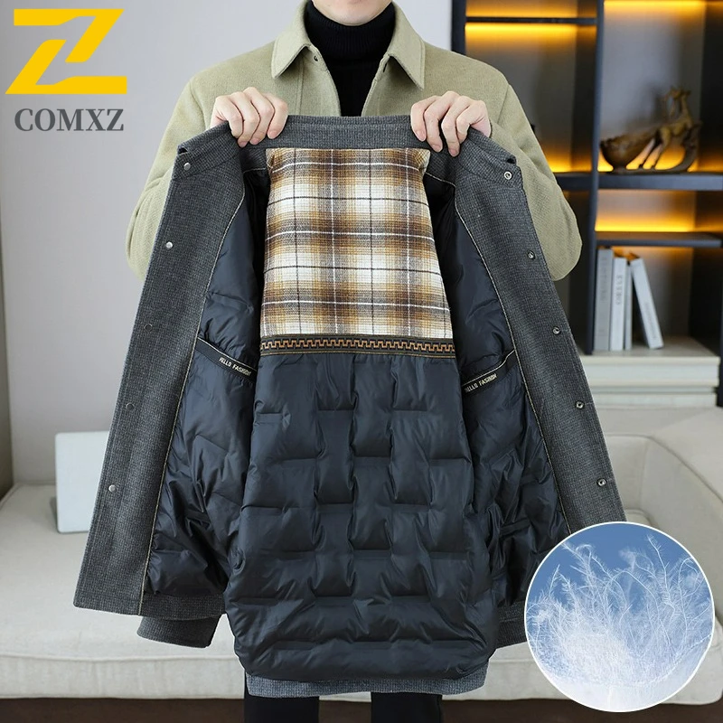 COMXZ Luxury Mens Down Jacket Lightweight Notch Collar Commute Office Puffer Jackets Leisure Business Warm Winter Woolen Coat