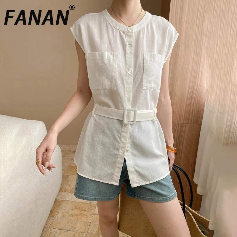 

FANAN Linen Sleeveless Shirts Women's Round Neck Single Breasted Belt Gathered Waist Blouses Female Tops Fashion 2025 Summer New