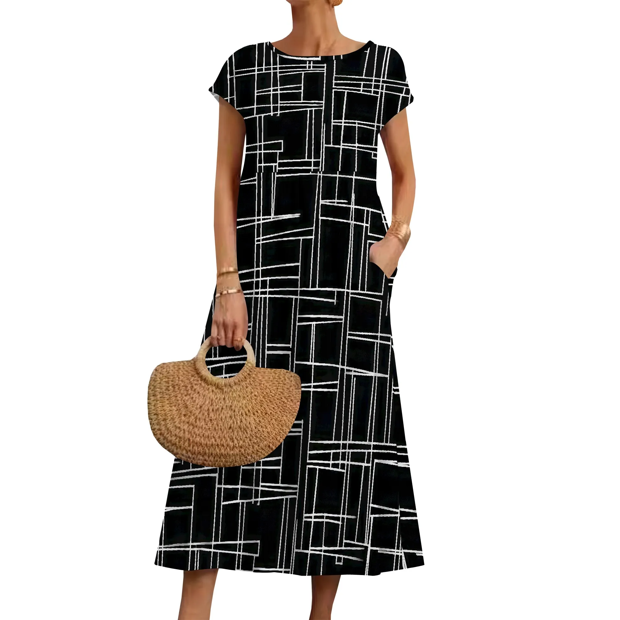 ชุดเดรสฤดูร้อนสําหรับผู้หญิงเสื้อยืดลําลองแขนสั้นเดรสสวิง Flowy Beach Sundress พร้อมกระเป๋า