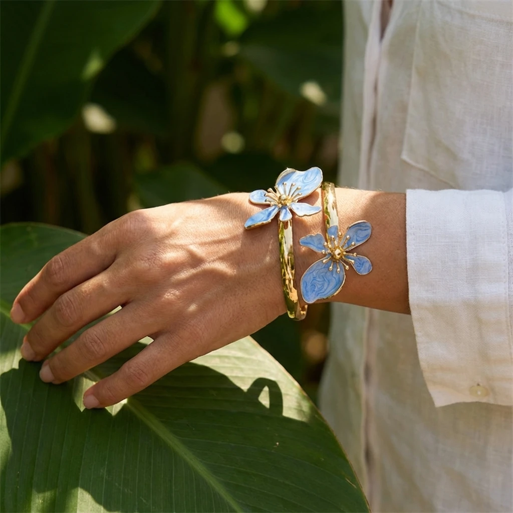 Elegant Enamel Flower Open Cuff Bracelet For Women Gold Plated Metal Pink White Blue Floral Bangles Beach Party Vacation Jewelry image 4