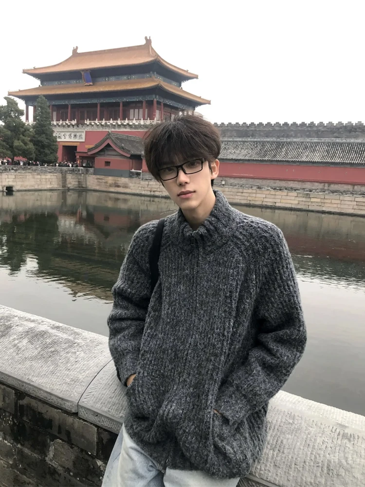 

Cleanfit Zipper f High Collar Men's Knitwear American Sle Loose Fit Long Sve Autumn Winter Casual Outerwear