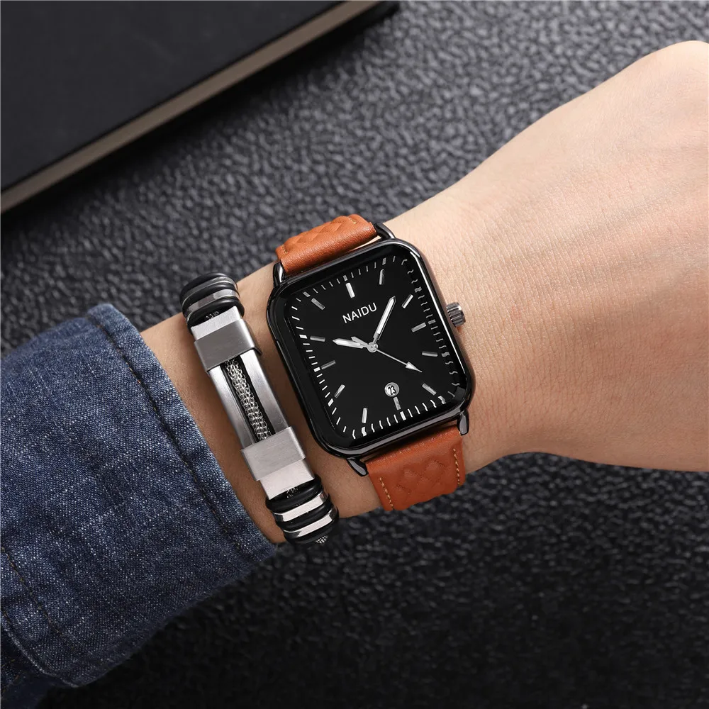 2pcs/set high quality calendar rectangle men leather business watch