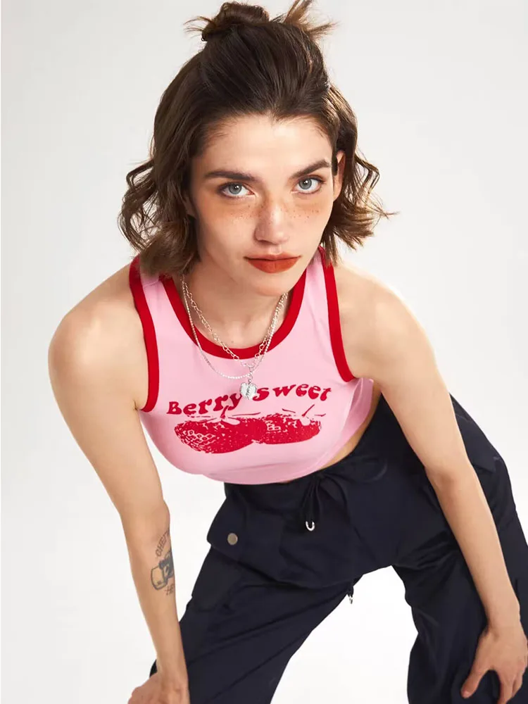 Różowy top na ramiączkach z nadrukiem liter Y2k na lato 2025, odkryte ramiona, okrągły dekolt, bez rękawów, modny, retro, damski, casualowy, seksowny top.