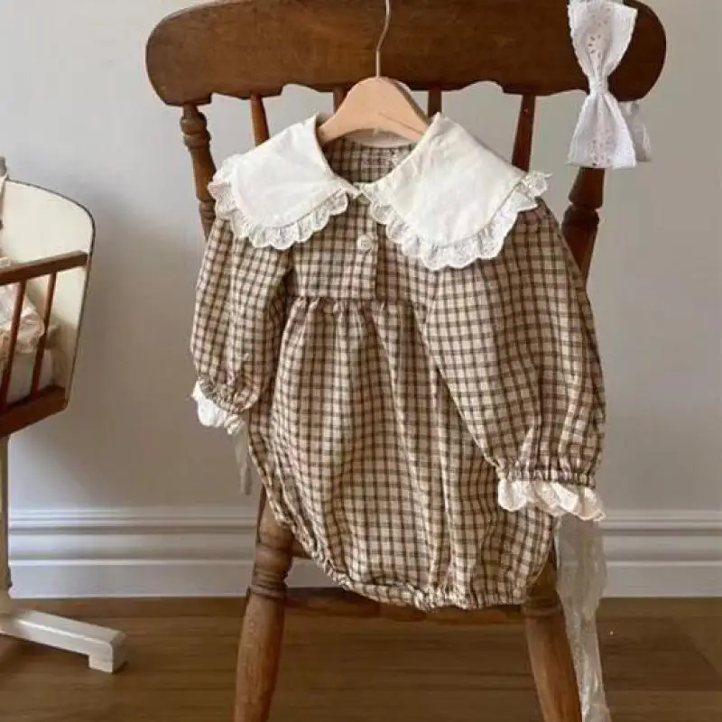 2025 Autumn New Baby Girl Long Sleeve Bodysuit Cotton Infant Girl Lace Large Lapel Plaid Jumpsuit Toddler Newborn Clothes 0-24M