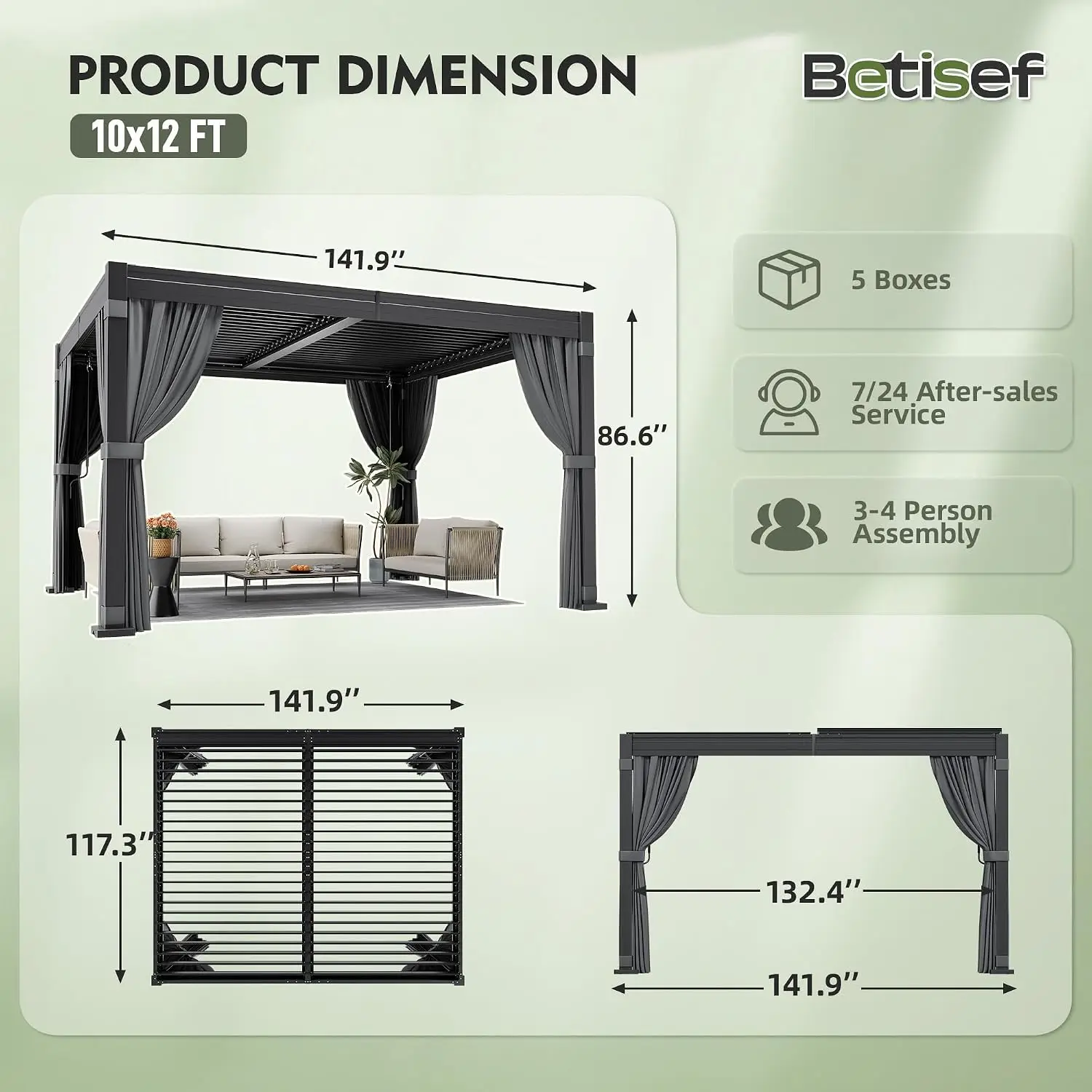 10'x12' Louvered Pergola with Curtains & Netting | Outdoor Pergola with 2 Independent Adjustable Roof and Drainage, Custom