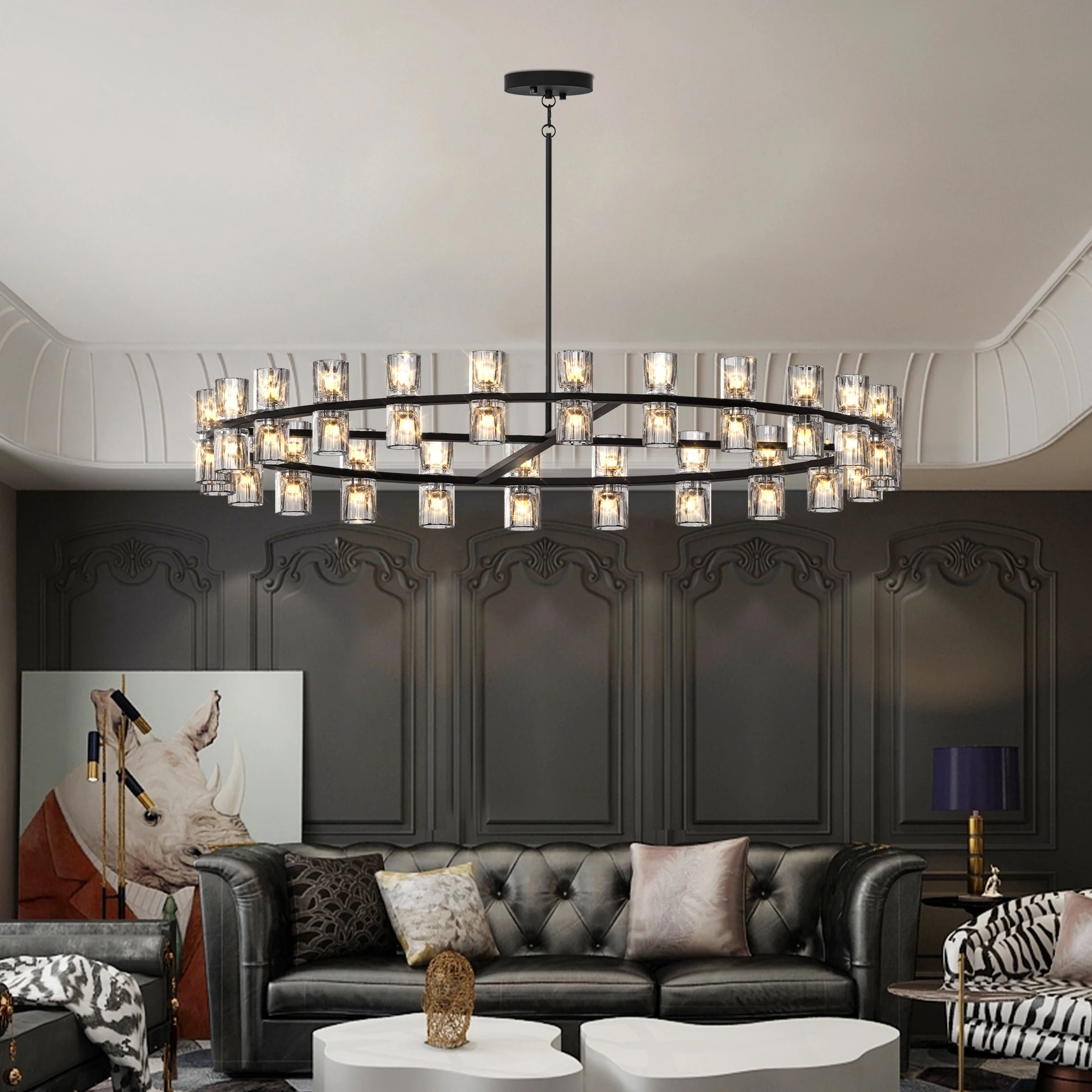 

Wagon Wheel over Table, Modern 48 Inch Black Round Chandelier Light Fixture, Crystal for Dining Room, Living Room