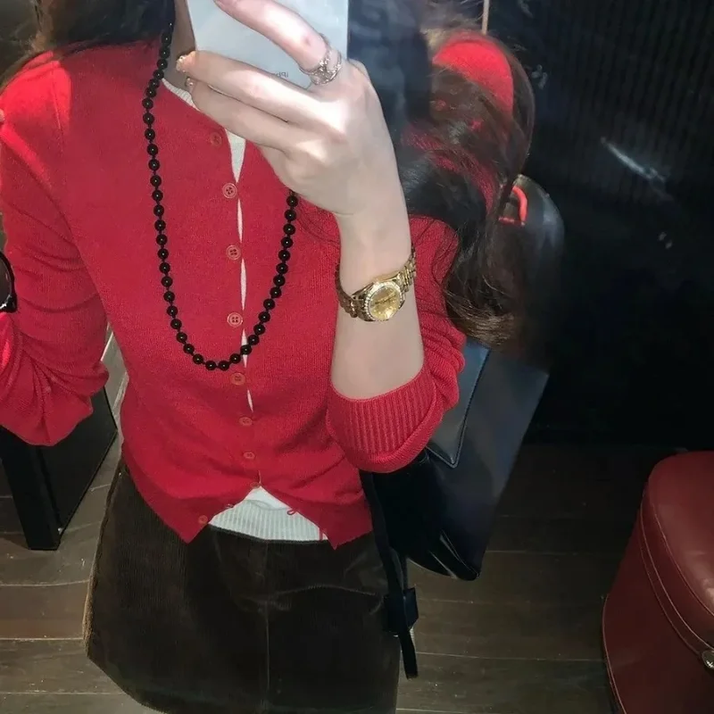 

Fashionable Outer Wear Breathable Spliced long-sleeved Cardigan Fake Two-piece Design Sweater Outer Top