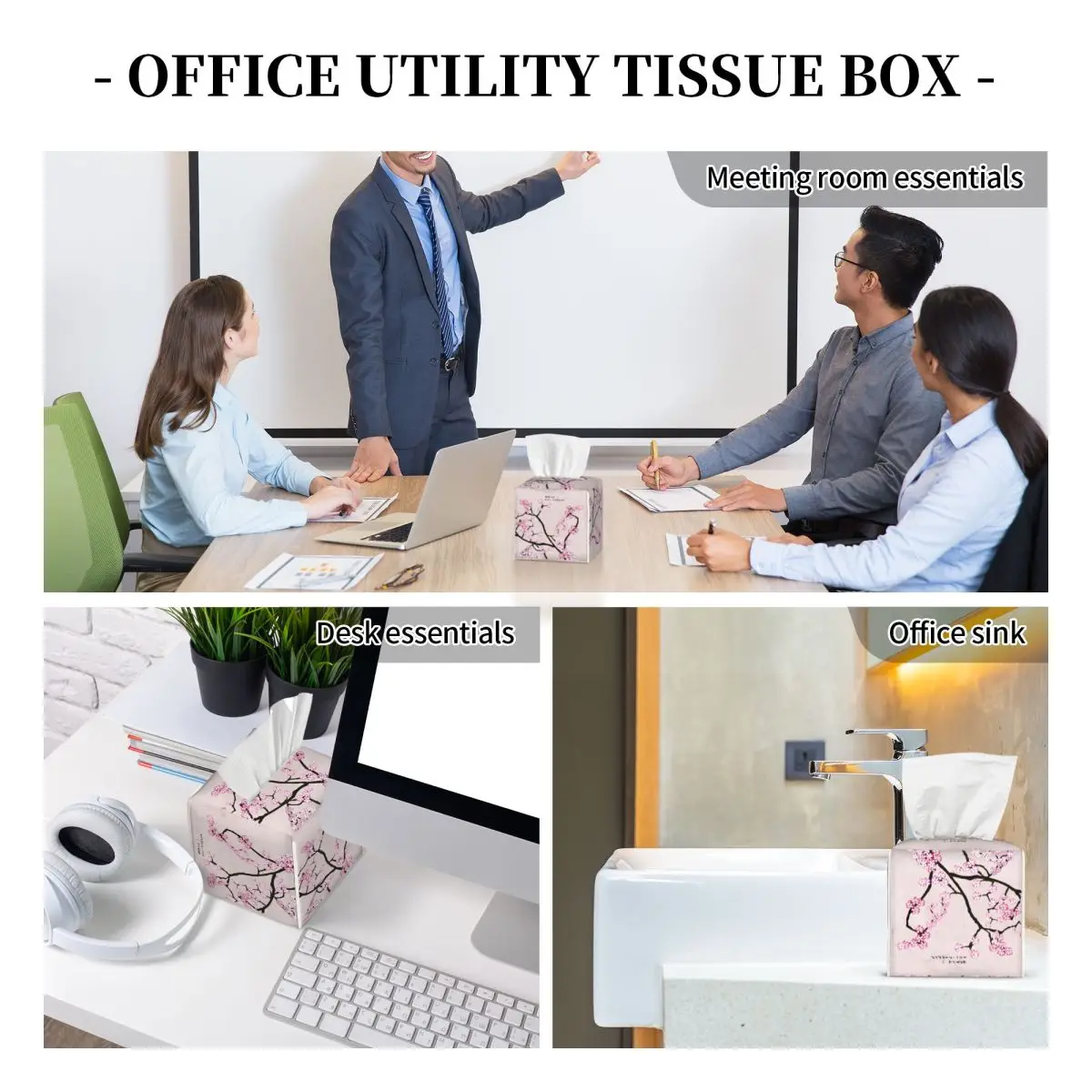 Custom Pink Floral Cherry Blossom Tissue Box Cover PU Leather Square Japanese Sakura Flower Facial Tissues Holder for Home