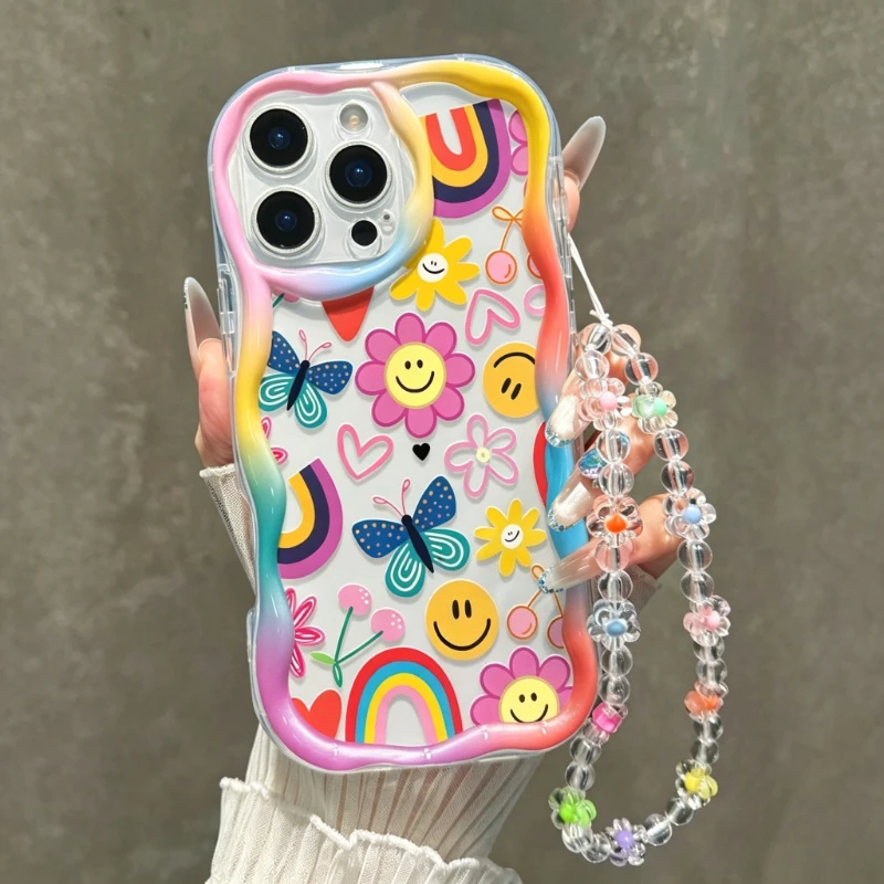 Doodle Flower Happy Face Pattern Phone Case For iPhone 11 12 13 14 15 16 17 18 Pro Max 16E With Flowers Lanyard Wavy-edge Cover