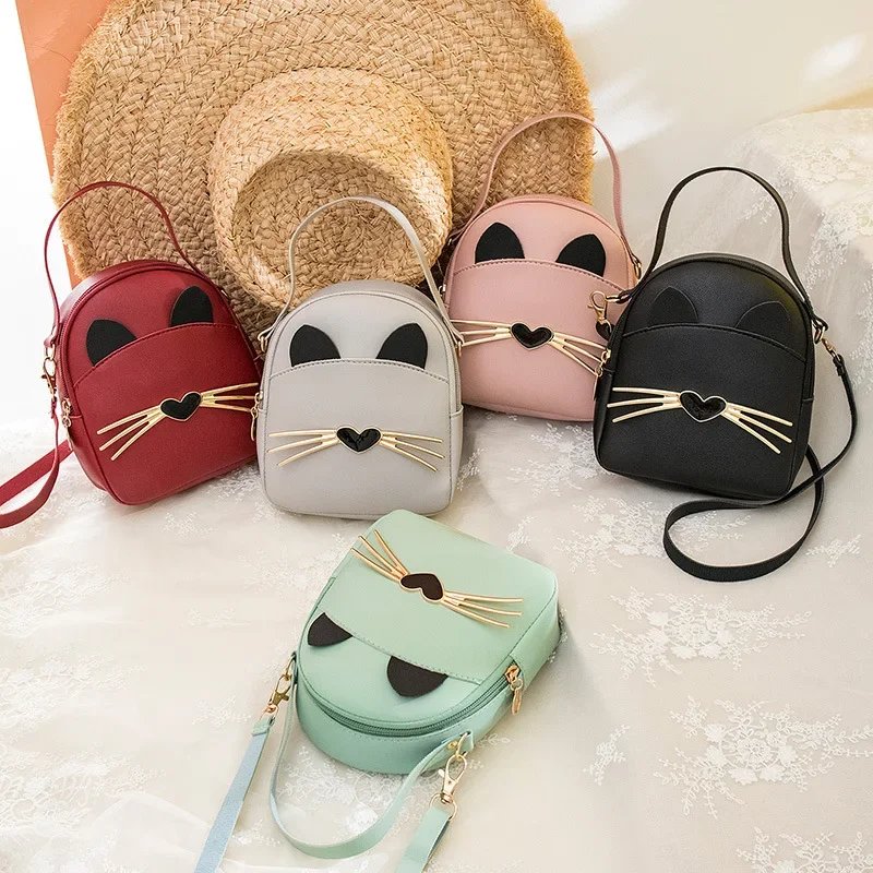 Women PU Leather Crossbody Messenger Bag Cartoon Cute Cat Korean Shoulder Backpack Girls Small Daily Purse Children's Backpack