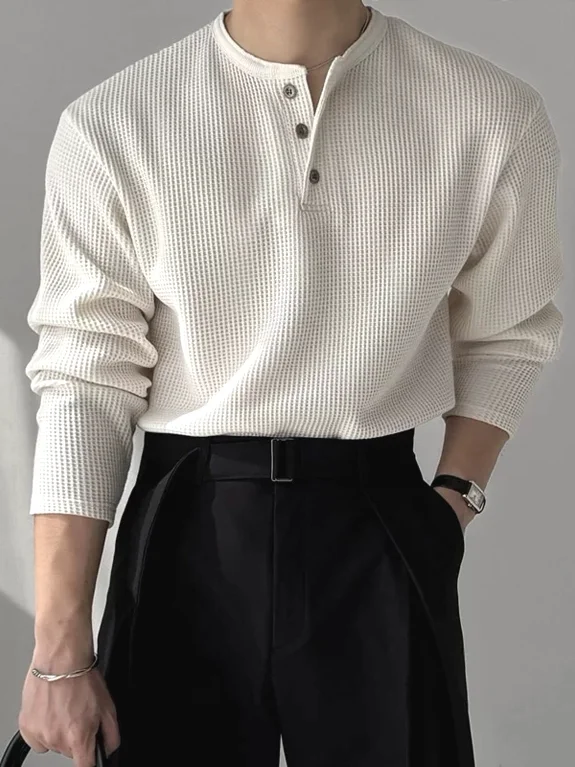 American Retro Henry Collar Long Sleeve T-Shirt Men's Casual Loose Fit  Shirt Youth Popular Standard Tailoring Breathable...