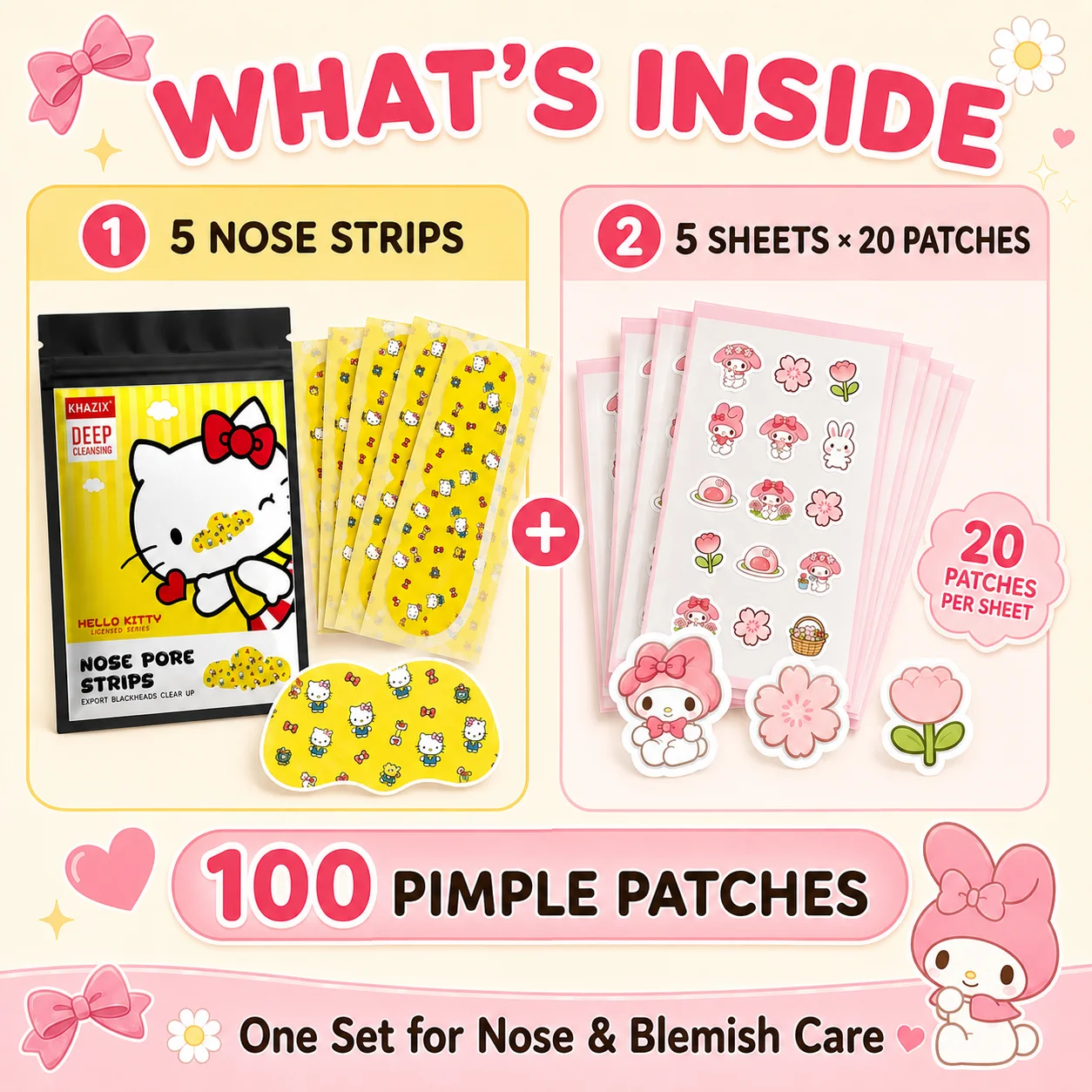 Sanrio Hello Kitty 105PCS Hydrocolloid Pimple Patch Set, 100 Blemish Patches + 5 Nose Strips, Cute Skin Care Stickers.