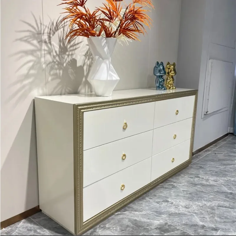 American light luxury entrance cabinet, solid wood carving flower bucket cabinet, champagne gold TV storage living room