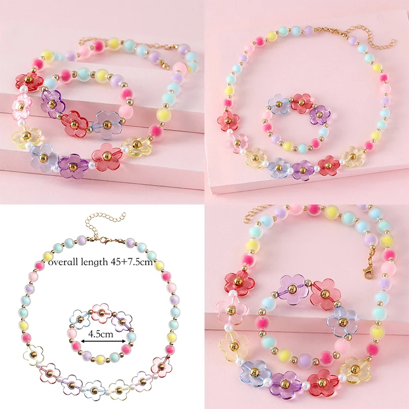 2Pack Princess Baby Girl Flower Beaded Chain Necklace with Bracelet Jewelry Set for Girls Daughter Party Birthday Gift