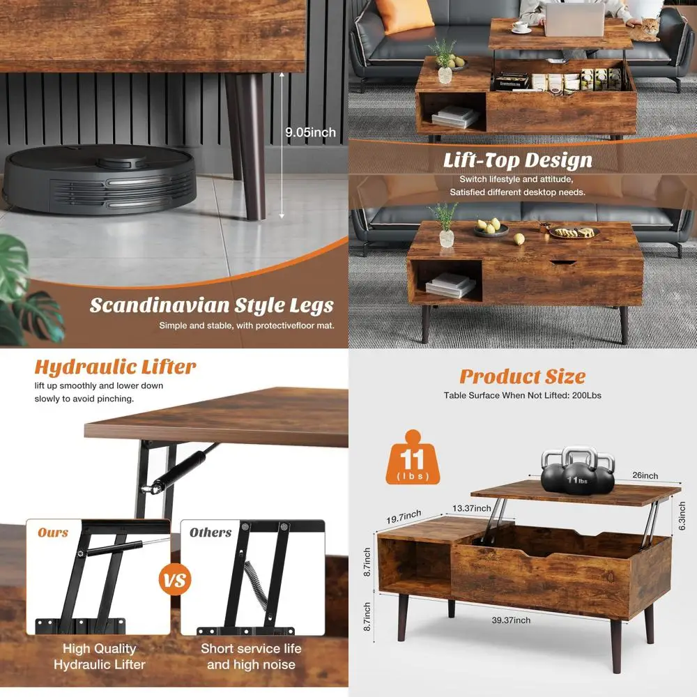 

Rising Storage Coffee Table with Lift Top and Hidden Compartment for Small Living Rooms, Brown Wooden