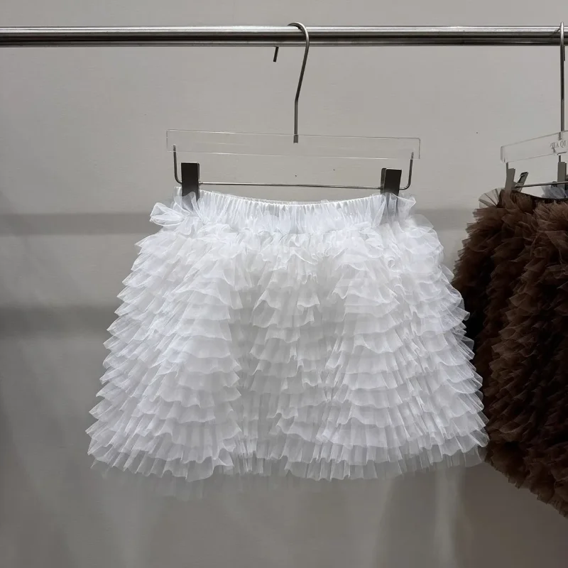 

Women's New Spliced elastic Fashionable Solid Color Layered Mesh High-waisted Versatile Autumn Winter Half-length Cake Skirt
