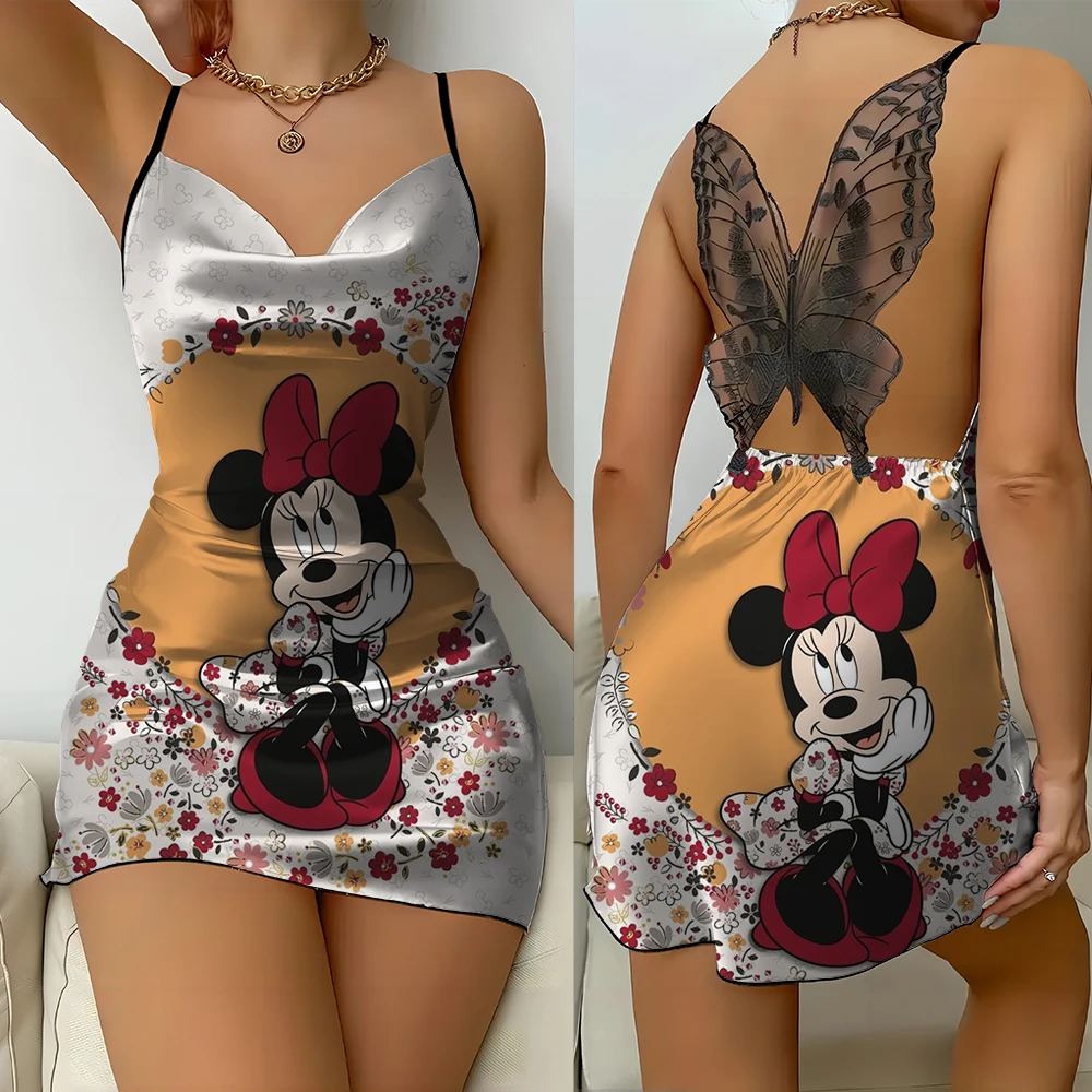 

New Hello Kitty Cute Home Dress Printed Nightgown Elegant Round Neck Lace Butterfly Backless Pajamas for Women