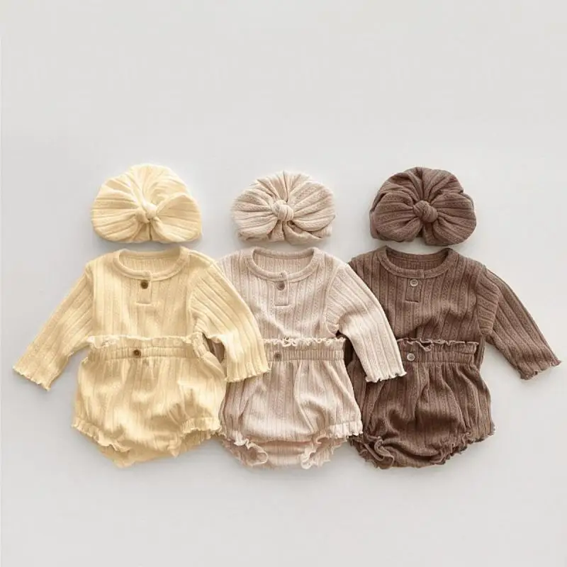 

2026 Spring New Baby Long Sleeve Clothes Set Infant Boy Girl Solid T Shirts + Shorts + Hat 3pcs Suit Toddler Cotton Outfits