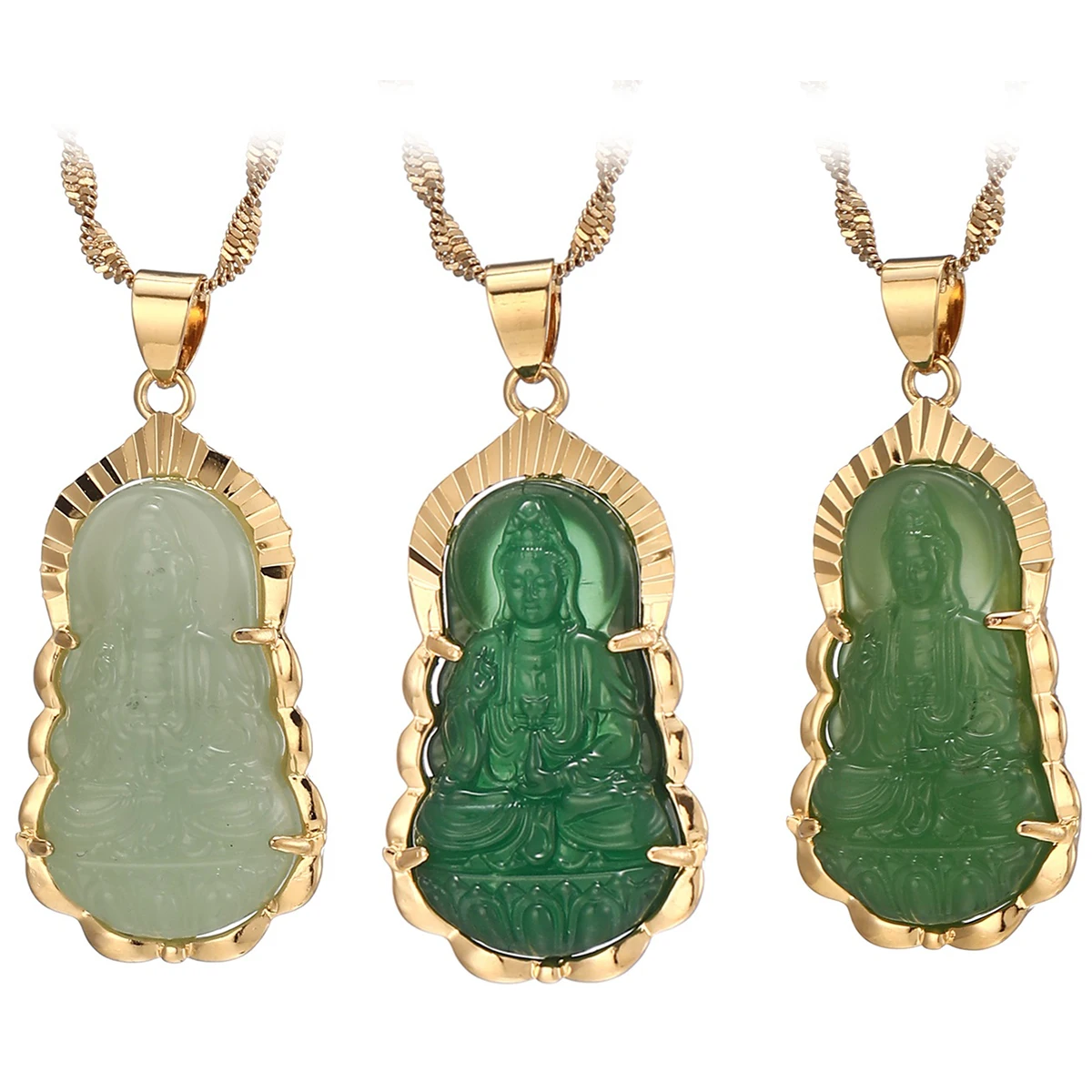 Green Jade Guanyin Pendant Necklace Chinese Buddha Buddhist Charm Maitreya Amulet Hinduism Jewelry